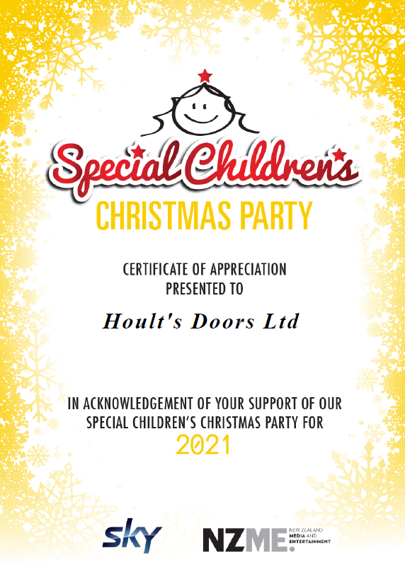 Certificate of sponsorship for the 2021 Christmas Party by Hoults Doors