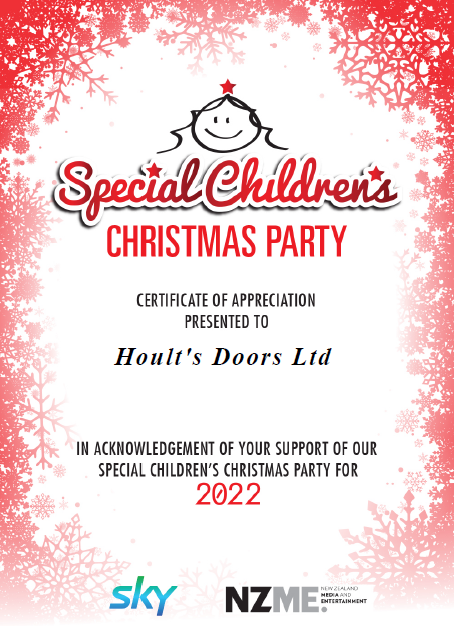 Official note showing that Hoults supports the Special Childrens Christmas Party for 2022