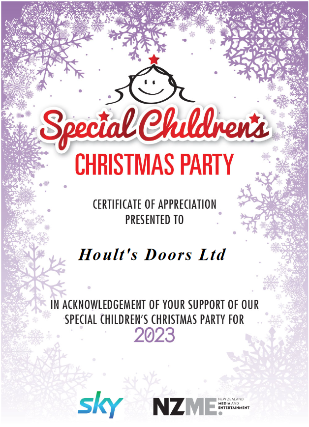 Thank-you letter for Hoults Doors support of a Special Children's Christmas Party for 2023